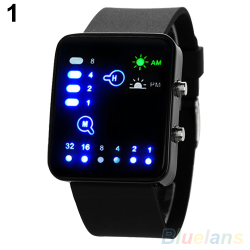 Mens Womens Binary Number Blue LED Silicone Band Quartz Wrist Watch