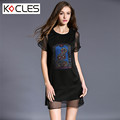 Plus Size 4 5XL 2016 Summer Women Elegant Sexy Mesh Patchwork Magic Cube Printed Short Sleeve