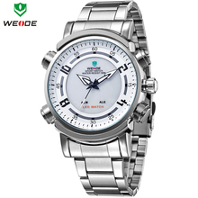 WEIDE Brand New Full Stainless Steel Quartz Watch Date Day Alarm LED Dual Time Illuminated Multi