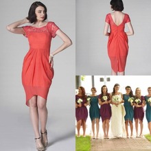 Short Sleeve Beach Coral Colored Bridesmaid Dresses Custom Made Scoop Neck Chiffon Garden High Low Bridesmaid Gowns For Wedding