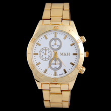 2015 New Golden Fashion Watches Men Top Brand M&H Stainless Steel Business Wrist Watch Relogio Masulino Montre Homme Male Clock