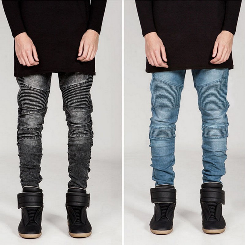 Mens Skinny jeans men 2015 Runway Distressed slim elastic jeans denim Biker jeans hiphop pants Washed black jeans for men blue