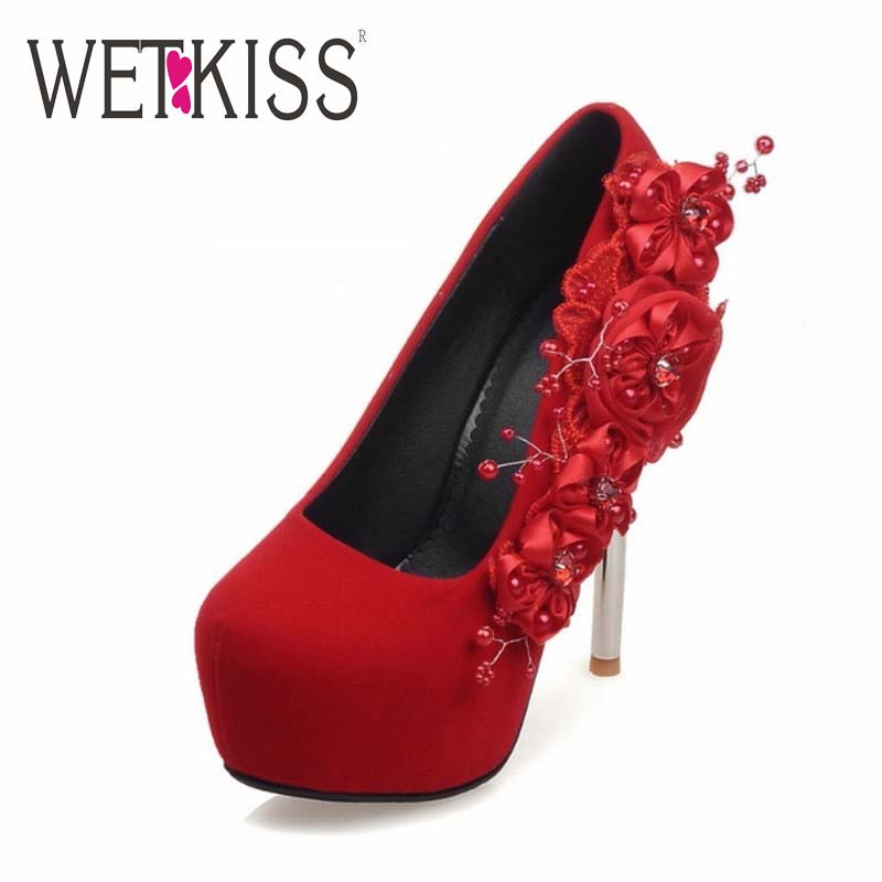 Fashion Women Sexy Pumps Spool High Heels Shoes Woman Round Toe Flower Pumps Wedding Shoes 2016