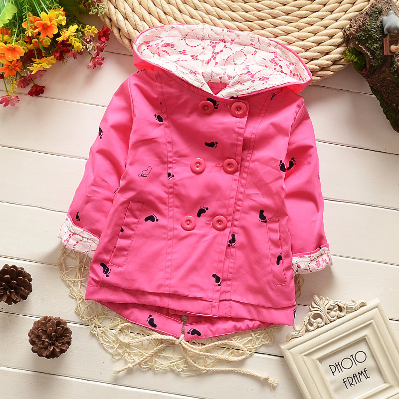 Retail 2015 Spring New Baby Girls Thin Cotton Jacket Coat Child Hooded Little Feet Printed Double
