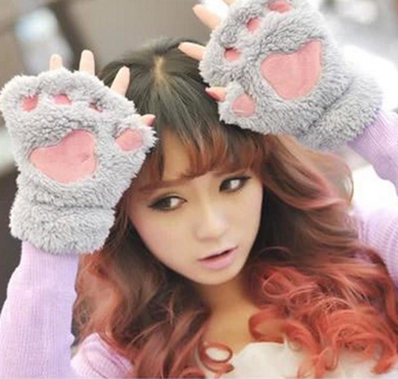 Low Price Winter Warm Women Fingerless Gloves Fluffy Bear Cat Plush Paw Fur Gloves Mittens Free