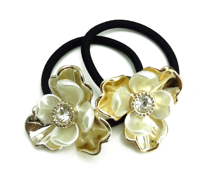 2 pcs Wholesale Gold Plated Alloy Flowers Shell Floral Hair Holder Black Rope Shinning Zircon Rhinestone