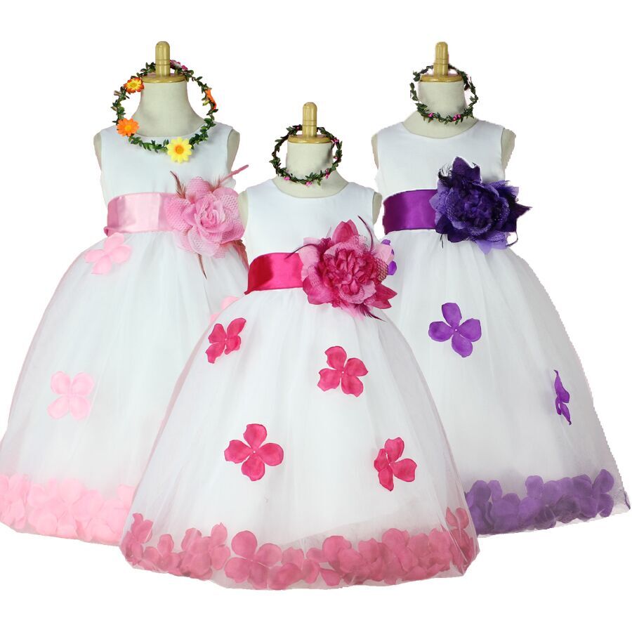 2016 Girls Bridesmaid Dress Rose Petal Hem Cute Princess Tutu Dress Girls Clothing Sets Wedding Birthday