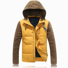 Hot 2015 men winter coat Fashion down jacket men Black / Khaki/yellow Leather Patchwork mens parka Warm Coats
