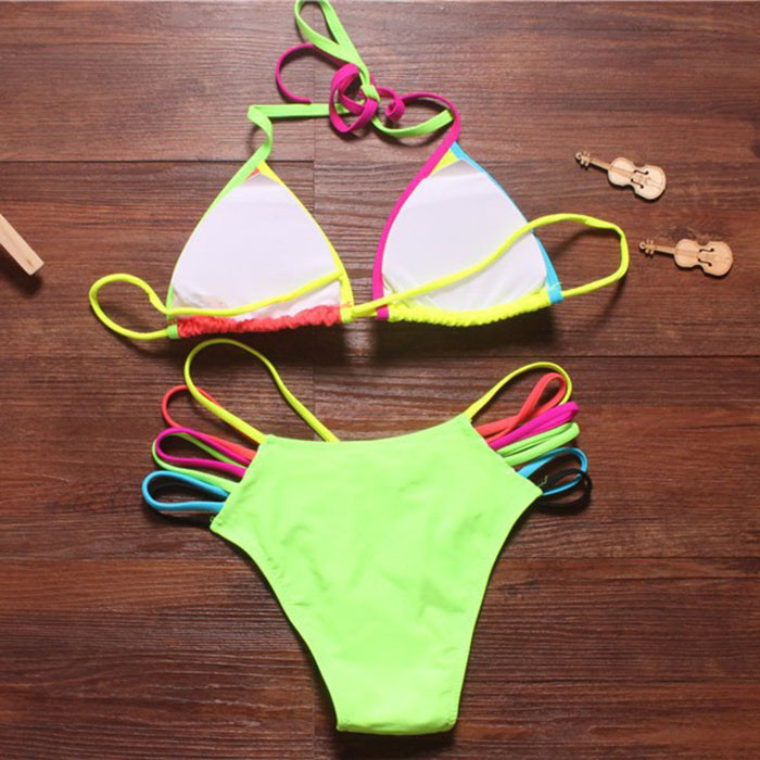 New 2015 Bandage Bathing suit Beachwear Top Striped Block Bandage swumsuit push up bikinis set swimwear women Bath suit (4)