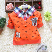 2015 spring autumn baby boy long sleeve t shirts Little bear cartoon plaid lapel cotton boy