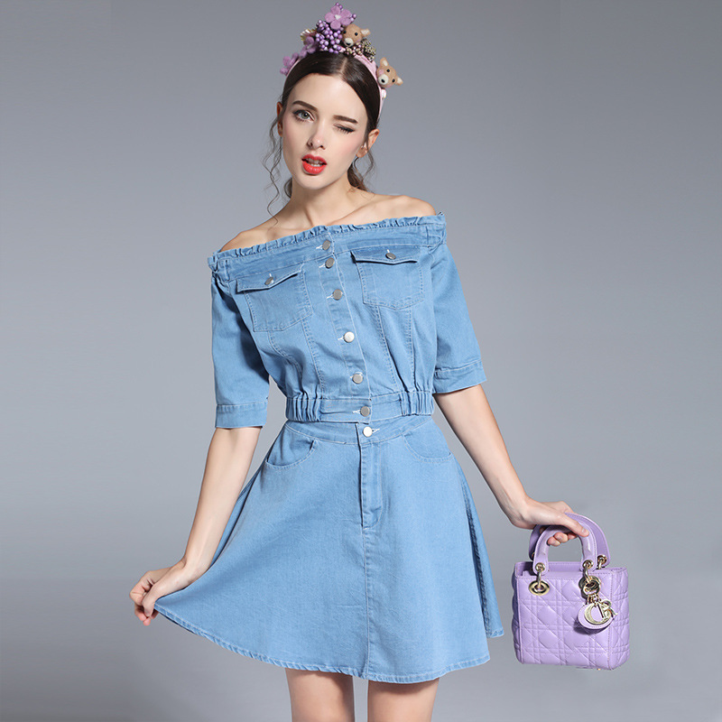 Must Have Women's Clothing Set, 2017 New Slash Neck Half Sleeve Denim Top and Denim Cotton Skirt One Set HTB1MQBRQpXXXXX3XVXXq6xXFXXXJ - Must Have Women's Clothing Set, 2017 New Slash Neck Half Sleeve Denim Top and Denim Cotton Skirt One Set