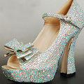 Sparkling AB Crystal Prom Party Shoes Chunky Heel Bridal Wedding Shoes Open Toe Buckle Strap Women