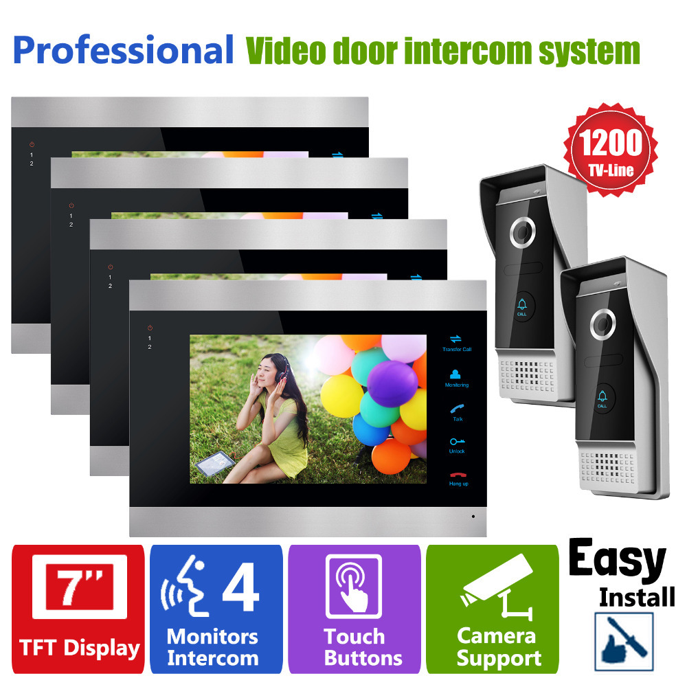 YSECU Video Door Phone System Doorbell Camera Intercom Kit 2V4 7 Inch 1200TVL HD 4 Indoor Monitor and 2 Outer Station