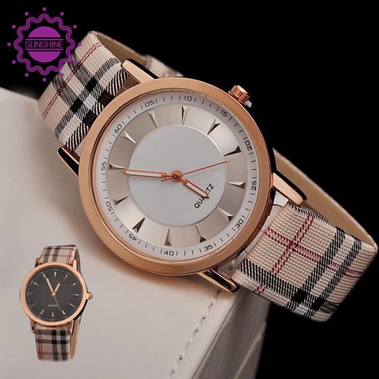 2015 Fashion Vintage Ladies Quartz Lattice Wristwatch Students Plaid Leather Strap Unisex Watches