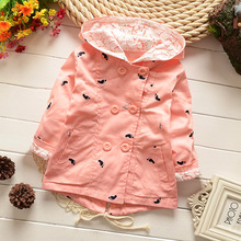 Retail 2015 Spring New Baby Girls Thin Cotton Jacket Coat Child Hooded Little Feet Printed Double