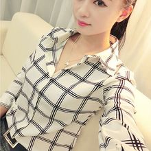 Fashion Women’s Long Sleeve White Shirts Plaids Pattern Lapel Casual Blouse Tops C2