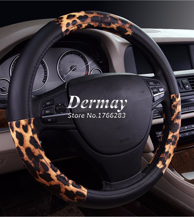 8_New arrivals fashion personalized leopard print women men black gold car steering wheel cover 4 seasons universal free shipping