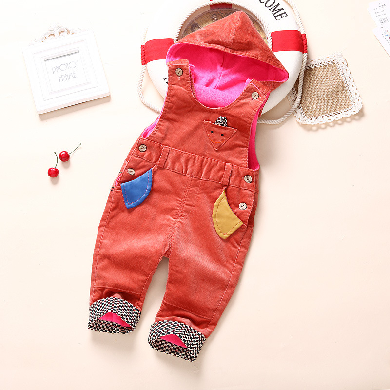 new arrival 2015 The new baby plus velvet overalls Winter coral velvet overalls boys & girls bib pants lovely hat