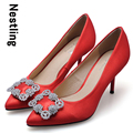 Size 34 41 New Arrival 2016 Fashion Brand Silk Red Wedding Shoes Sexy Rhinestone Thin High