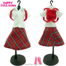 4in1 Fashion British Style Outfit White T Shirt Red Tartan Pattern Skirt Backpack High Heels Shoes Clothes For Barbie Doll Toys