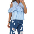 2016 Elegant Sexy Ruffles Off Shoulder Top Women Blouse Shirts Summer Blue White Stripe Blusas Female