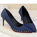 2017 Europe style Female high heeled Shoes shallow mouth rivets Denim high heels fashion sexy spring