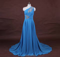 MZY604 blue crystal beaded sleeveless one shoulder long pleated backless zip back chiffon evening dress party