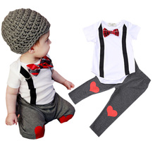 Trendy Summer Newborn Baby Rompers Infant Clothes Set Boys Clothing Suit Bow-knot Short Sleeves Tops+Heart Design Pants