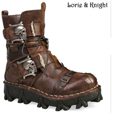 Fashion Cowhide Genuine Leather Military Uniform Boots Gothic Skull Punk Martin Platform Mid-calf Boots Steampunk Shoes