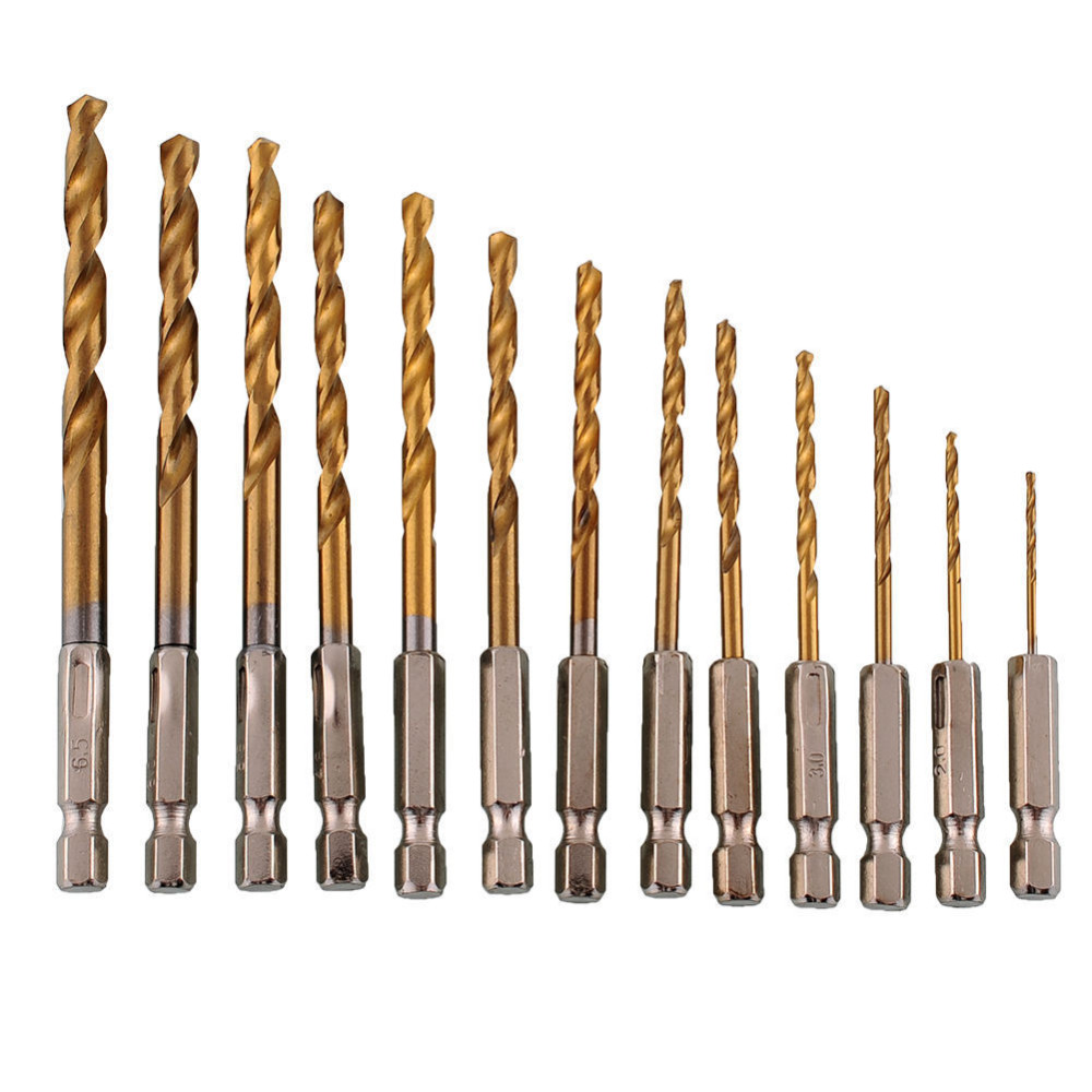 Durable Precision Titanium Coated Drill Bit Set 13pcs//lot 1.5-6.5mm 1//4 Hex Shank Drill Bit Hexagonal Handle Titanium Twist Drill Bit