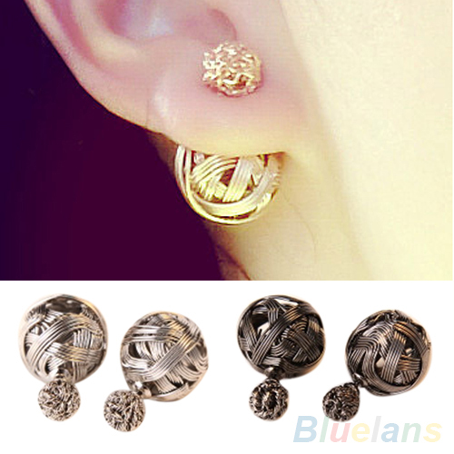 Womens Fashion Jewelry Double Sides Two Gold Plated Ball Hollowed Studs Earrings