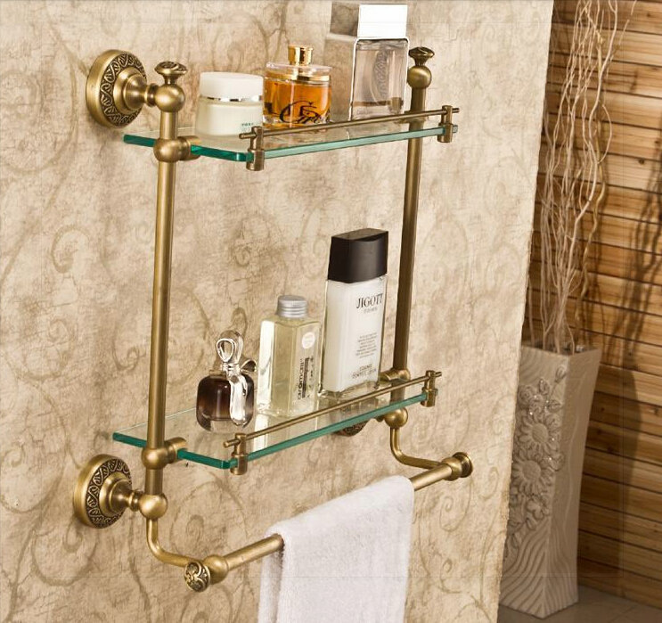 Wall Mount Bathroom Glass Shelf Antique Brass Dual Tier Cosmetic
