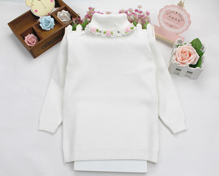 2014 baby girl fashion sweater winter autumn children floral turtleneck warm knitted pullovers bottom clothing