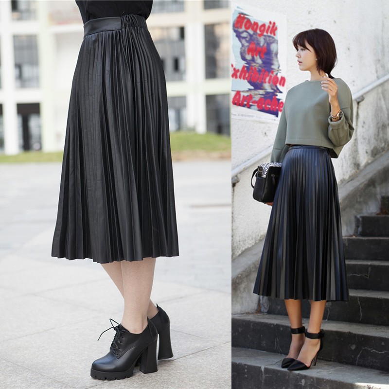 Vintage-American-Apparel-High-Waisted-Midi-Pleated-PU-Leather-Skirt-Summer-Style-Faldas-Largas-