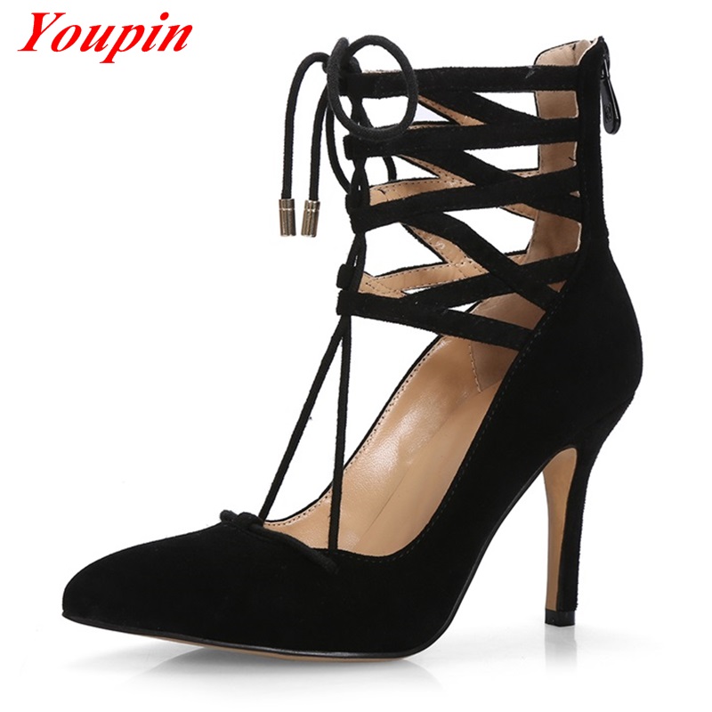 Sheepskin Heels 2016 Lace Front Leather Heels Women Shoes Fashion Black/Beige/Snake Gladiator Banquet Dating Shoes Ankle Strap