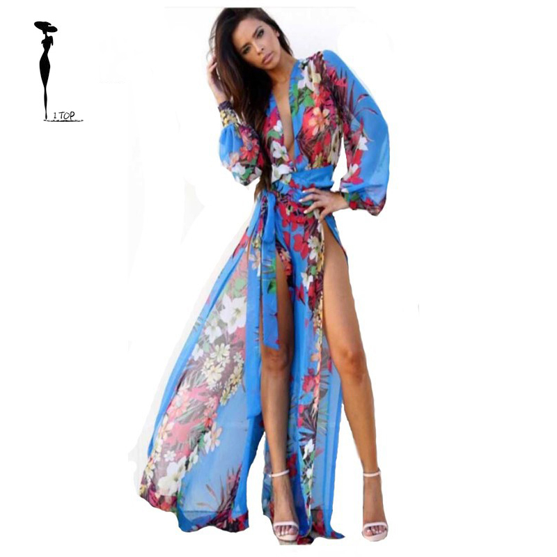 Sexy Deep V Neck Long Sleeve Split Floral Printing Women Maxi Dresses