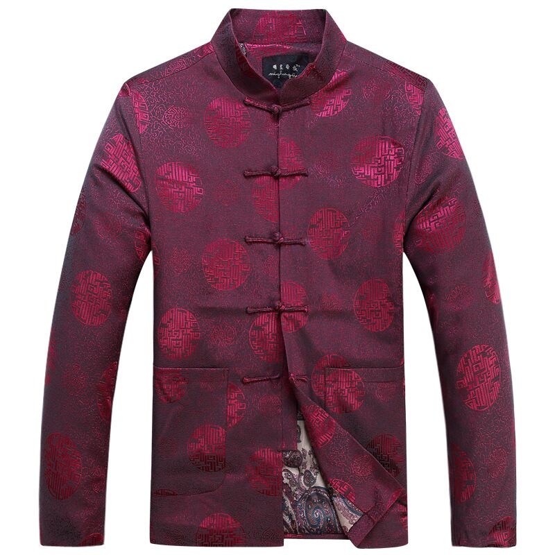 Burgundy Mens Jacket Long sleeve Coat Vintage China Style Tang Clothing with Pocket hombre chaqueta Size M L XL XXL XXXL Loje01