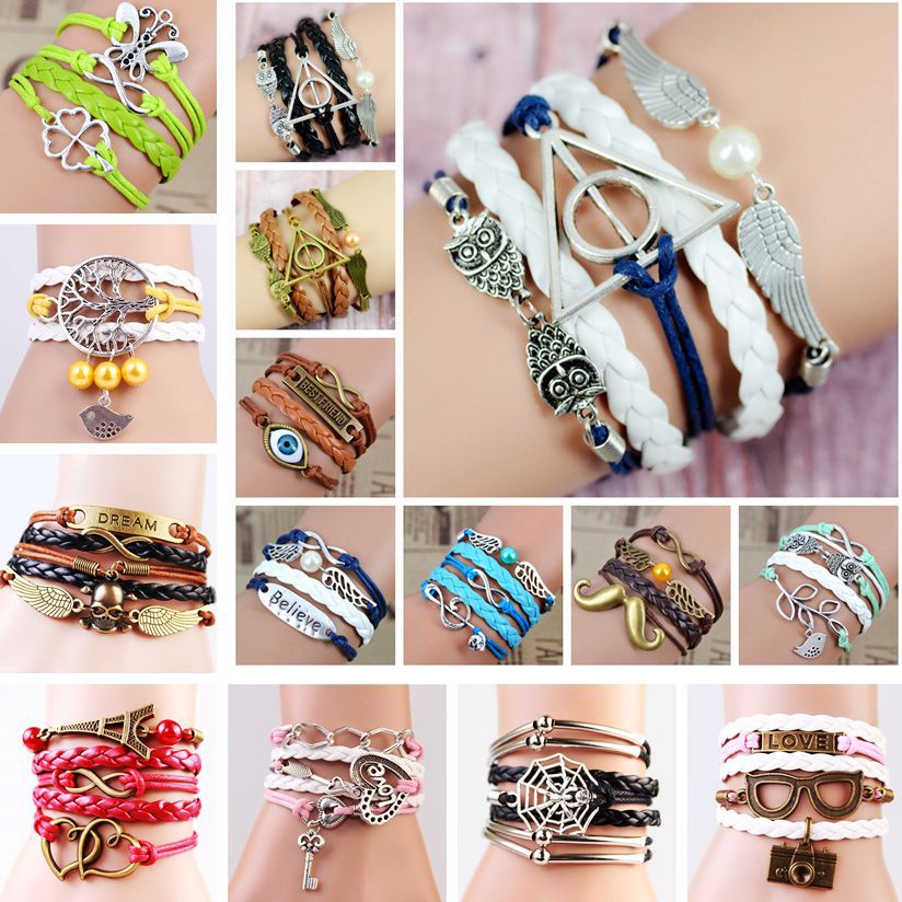 2014 Multilayer Braided Bracelets Vintage Owl Harry Potter wings infinity bracelet Multicolor woven leather bracelet Bangle