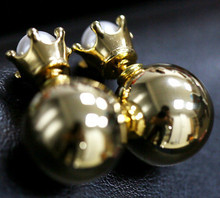 Golden crown metal ball double size Pearl Earrings B1313