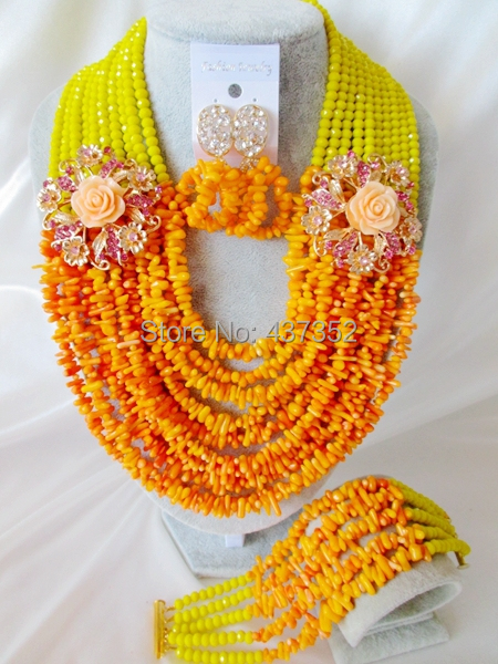 2014 New Lemon Yellow and Orange Party Nigerian Wedding African Coral  Beads Jewelry Set Free Shipping CPS3707
