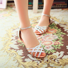 Lady’s Bling Buckle-Strap Cover Heel Plus size (4-17) Flats Cut-outs Open toe Beach sandals Summer shoes School girl Flip flops