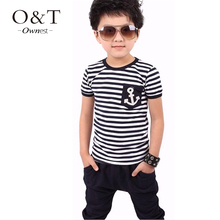 z6 summer Children boys Short Sleeve toddler clothing kids Navy Striped Cotton T-shirt + Pants Suits Free shipping