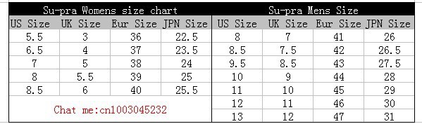 supra shoes size chart