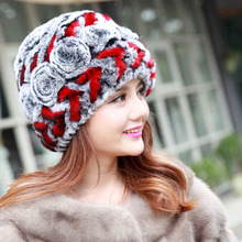 Women Genuine Knitted Rex Rabbit Fur Hats Natural Stripe Rex Rabbit Fur Caps Lady Winter Warm Real Rabbit Fur Beanies Headwear