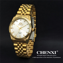 Chenxi 004A Water Resistant Male Japan Quartz Watch Diamond Dots Stainless Steel Band Golden Body Male Wrist Watch