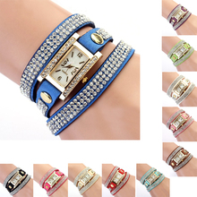 Mujeres exquisito Rhinestone Wrap correa de cuero rectángulo marcado bisel cristal movimiento de cuarzo analógico reloj de la pulsera