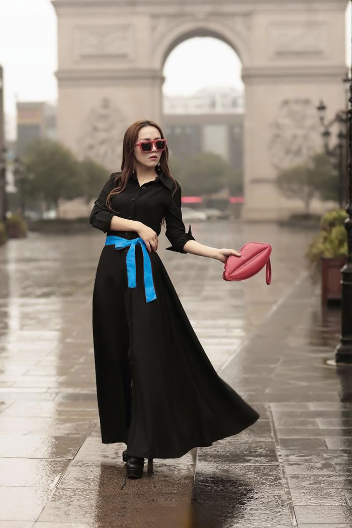 Cotton Maxi Dress 2015 Women Flare Shirt Dresses Long Sleeve Maxi Pin ...