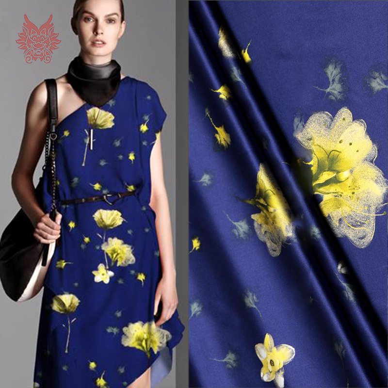 Designer Amercian blue/brown romantic autumn leaves print pure silk/spandex fabric for dress/suit,Charmeuse fabric 19mm SP2031