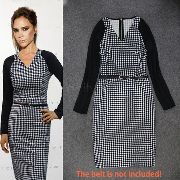 2015 Women Winter Elegant font b Tartan b font Tunic Long Sleeve Work Cocktail Sheath Pencil