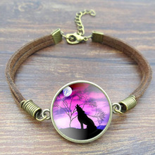 Wolf Art Image charm bracelet Glass Cabochons Vintage Bronze Accessories Brown Rope Chain Link Bracelet For Women